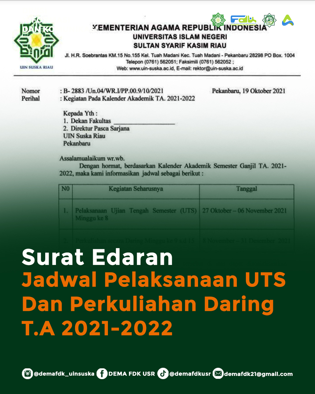Surat Edaran Jadwal Pelaksanaan UTS dan Perkuliahan Daring T.A 2021-2022