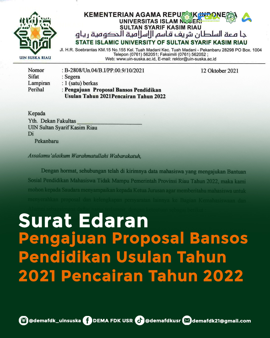 Surat Edaran Pengajuan Proposal Bansos Pendidikan Usulan 2021 Pencairan 2022