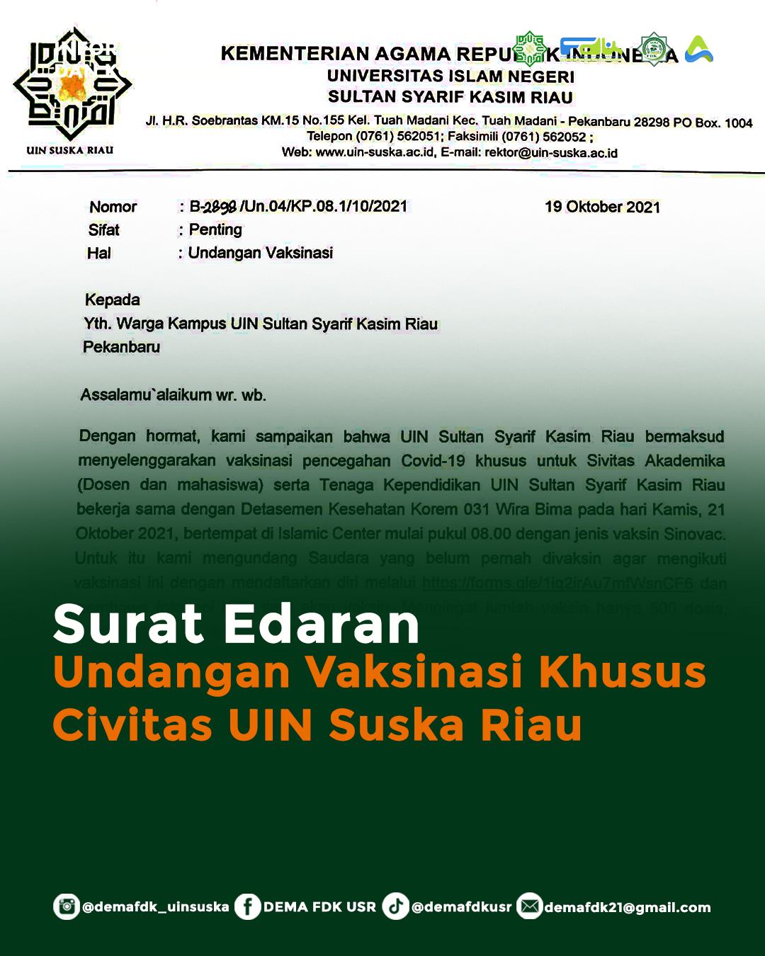 Surat Edaran Undangan Vaksinasi Khusus Civitas UIN Suska Riau